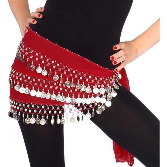 Red Chiffon Belly Dance Hip Scarf with Silver Coins 3-Row Turkish Style 220 Coin - Picture 1 of 2